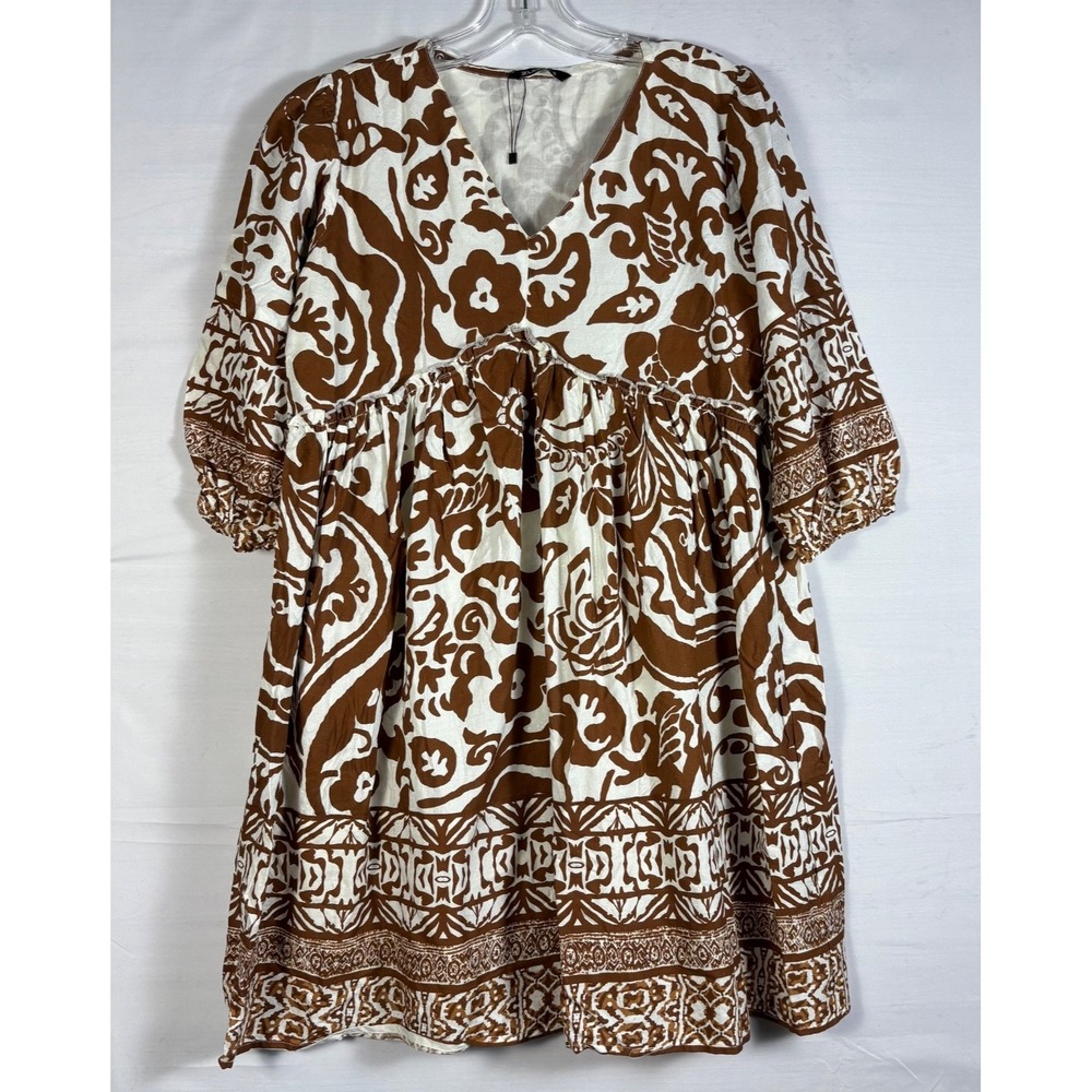 Zudio Women's Dress‎  brown/cream 3/4 Sleeve Pattern lined size small NWOT